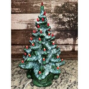 Vintage Atlantic Mold Ceramic Christmas Tree Large Retro 16” Green Glazed Snow
